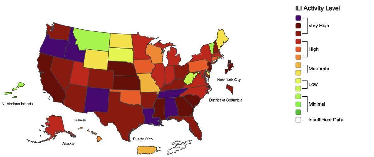 A map showing flu activity levels across the U.S.