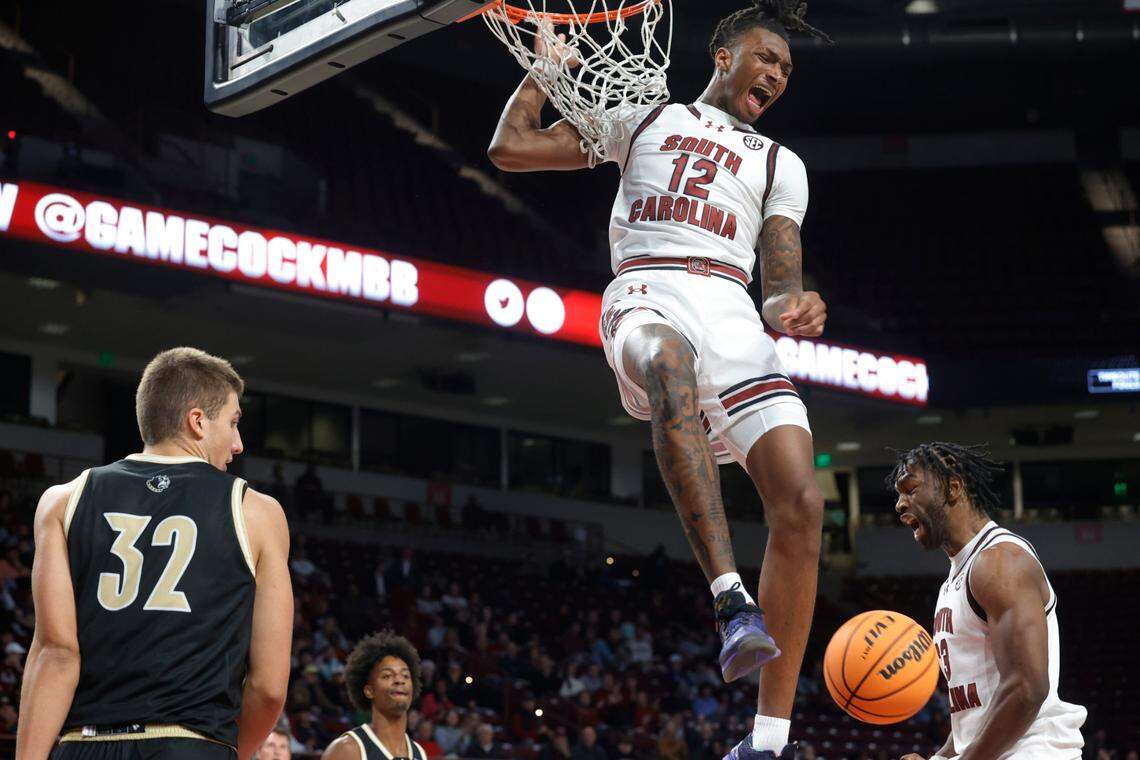 South Carolina guard Zachary Davis (12) plays Wofford at Colonial Life Arena on Wednesday, November 1, 2023.
