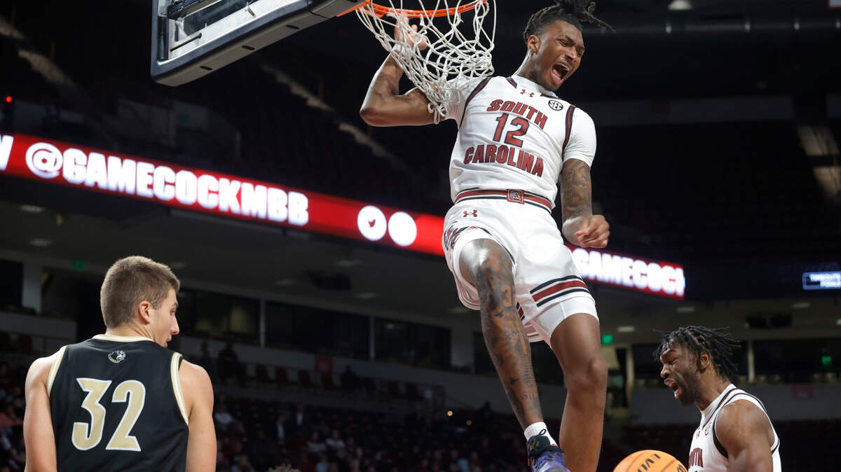South Carolina guard Zachary Davis (12) plays Wofford at Colonial Life Arena on Wednesday, November 1, 2023.