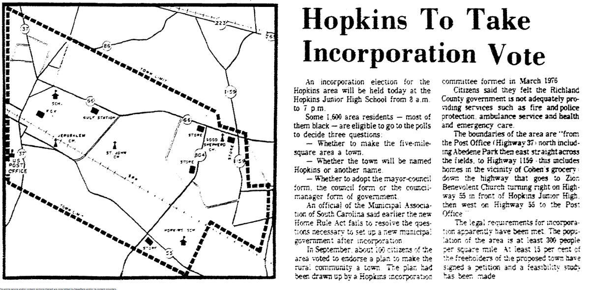 A news article from The State in Jan. 1977 about the community of Hopkins voting to incorporate as a municipality.