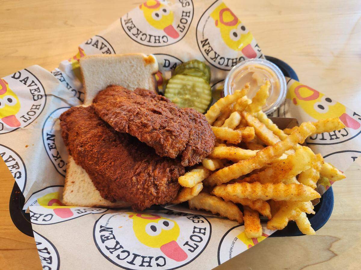 A hot chicken tender combo from Dave’s Hot Chicken at 4601 Devine St. in Columbia.