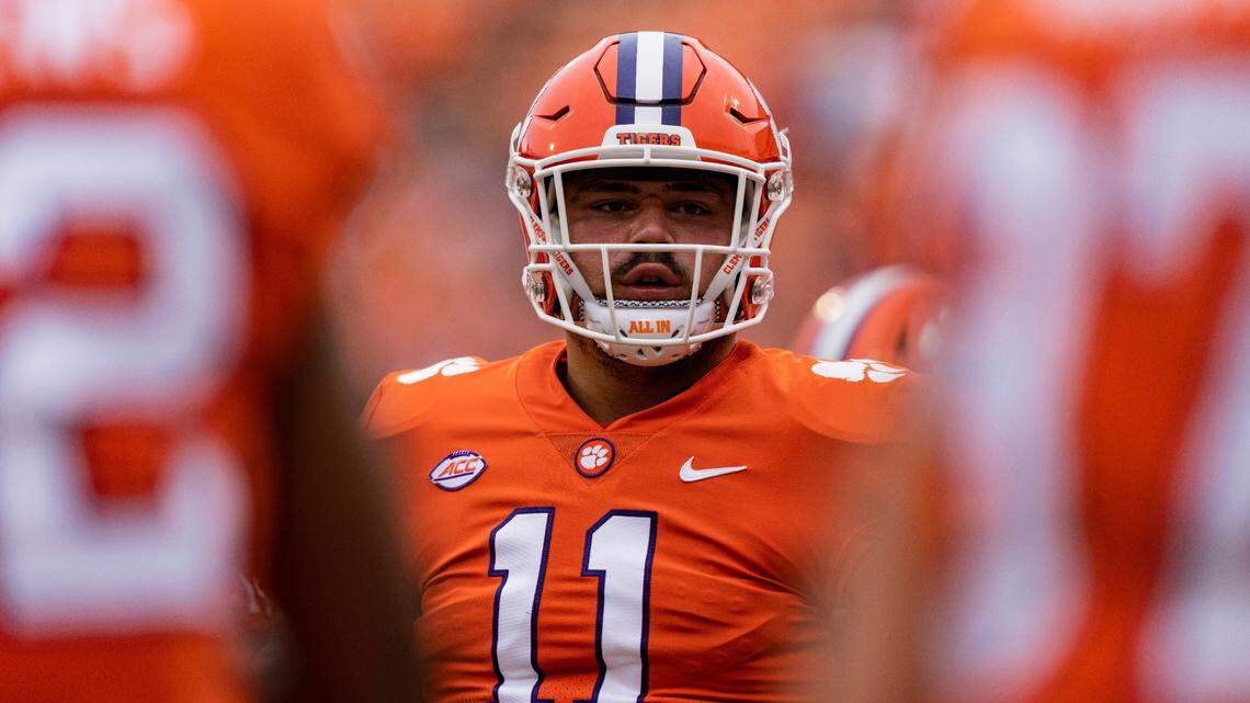 Clemson Tigers defensive tackle Bryan Bresee (11) looks on during warm ups before an NCAA college football game against the Furman Paladins in Clemson, S.C., Saturday, Sept. 10, 2022. (AP Photo/Jacob Kupferman)