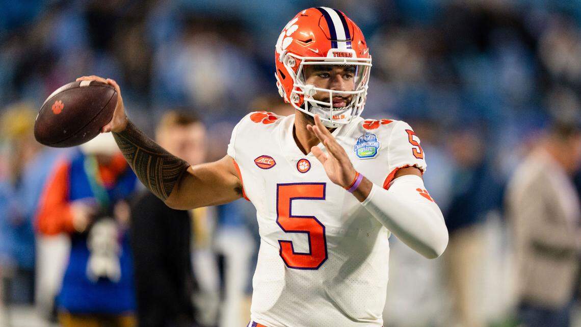 Clemson quarterback DJ Uiagalelei warms up before the Atlantic Coast Conference championship NCAA college football game against North Carolina on Saturday, Dec. 3, 2022, in Charlotte, N.C. (AP Photo/Jacob Kupferman)
