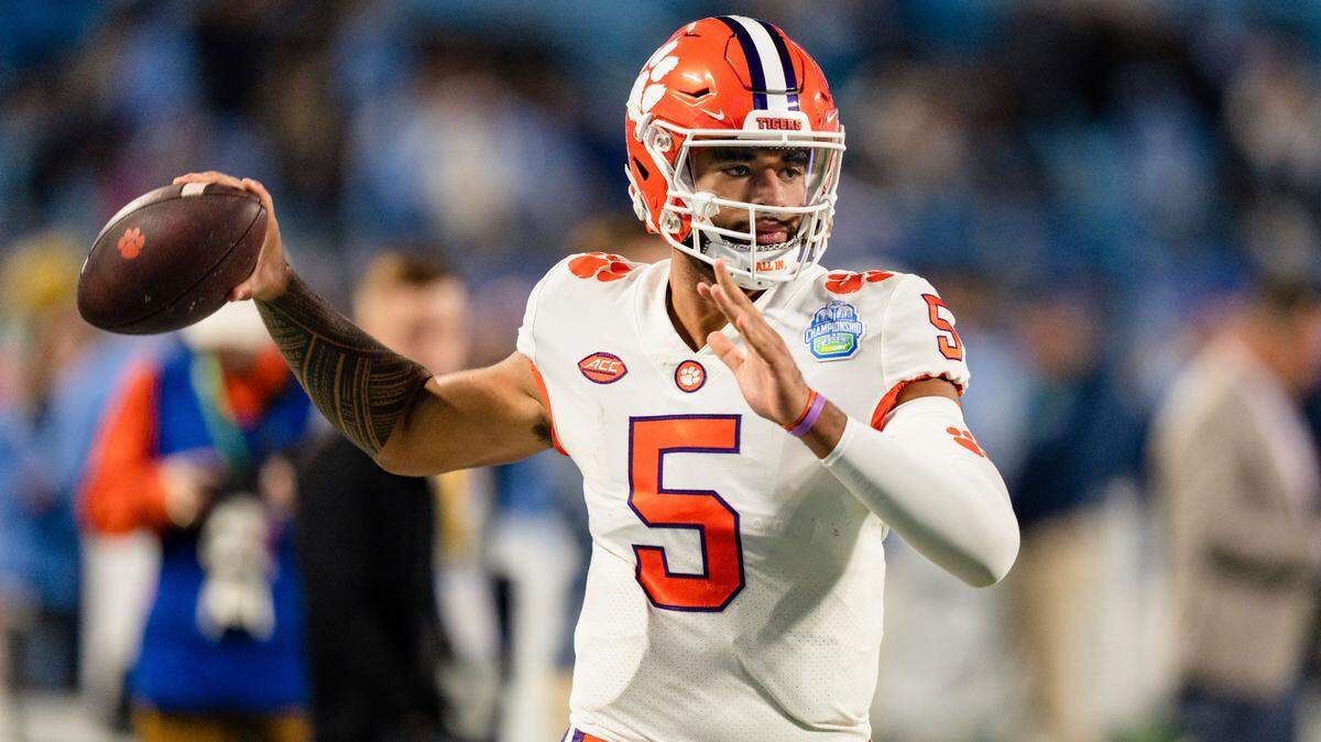 Clemson quarterback DJ Uiagalelei warms up before the Atlantic Coast Conference championship NCAA college football game against North Carolina on Saturday, Dec. 3, 2022, in Charlotte, N.C. (AP Photo/Jacob Kupferman)