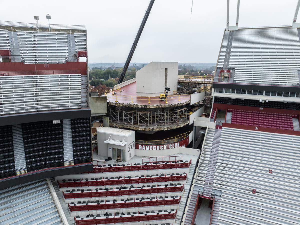 Demolition work is under way at Williams-Brice Stadium to make way for upcoming renovations. Seen here: Demolition of the southeast ramps. 
