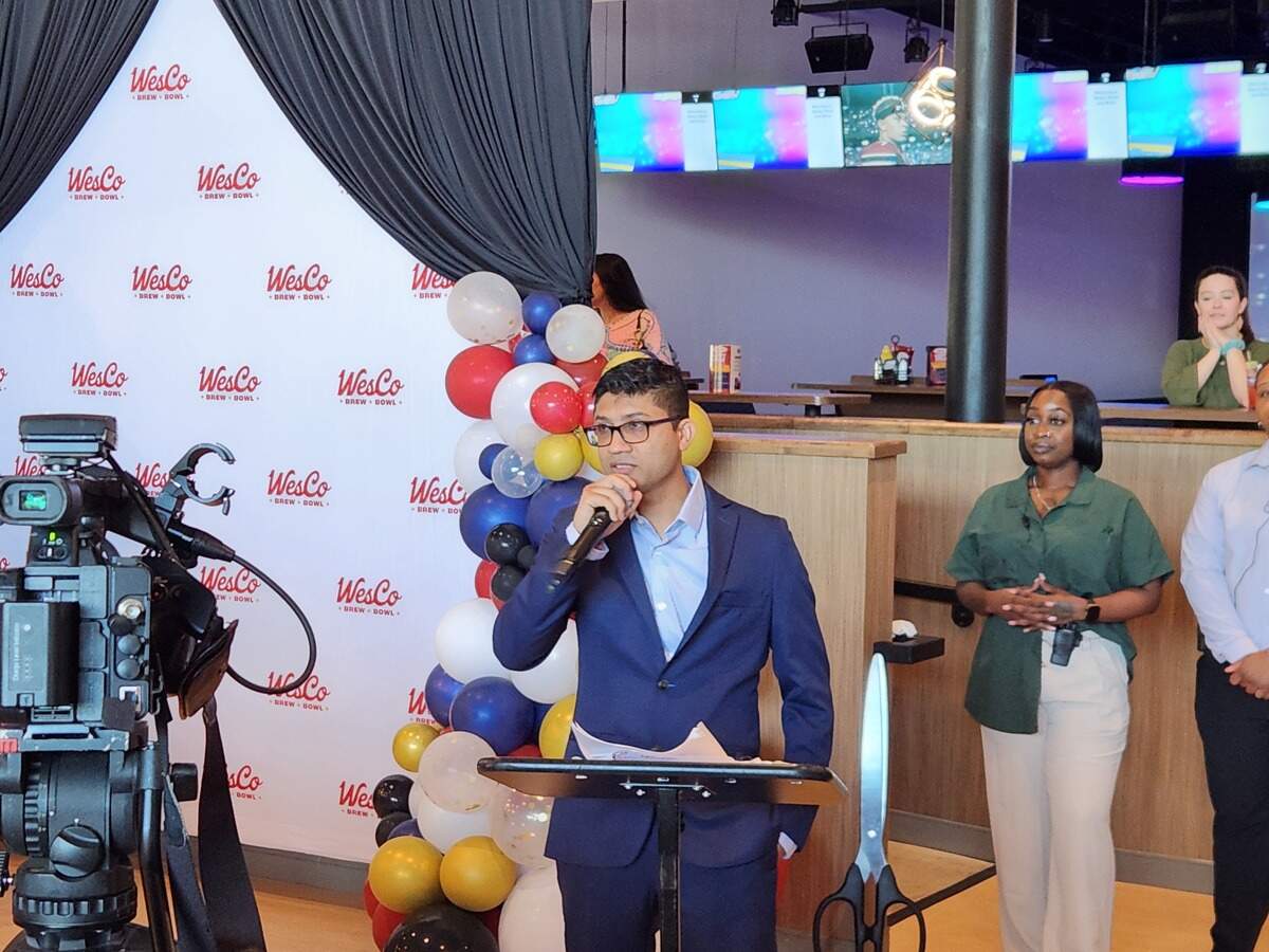 WesCo Brew & Bowl owner Satish Patel speaks on June 23rd at a VIP event for the massive new entertainment center at 3040 Charleston Highway in Cayce, SC.