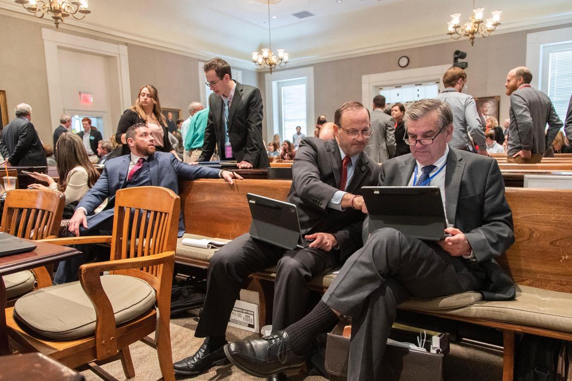 The prosecution prepares for Alex Murdaugh’s trial for murder at the Colleton County Courthouse to resume on Thursday, February 16, 2023. Joshua Boucher/The State/Pool