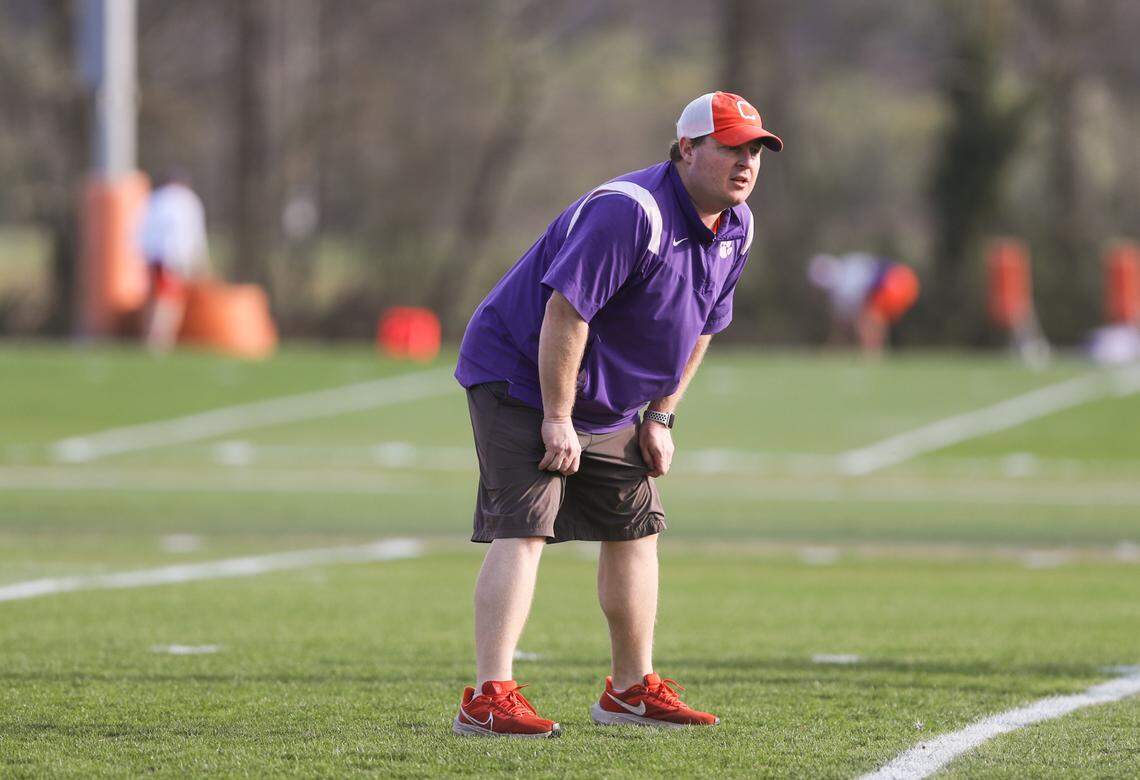 Clemson defensive coordinator Wes Goodwin during spring practice in Clemson on March 6 , 2023