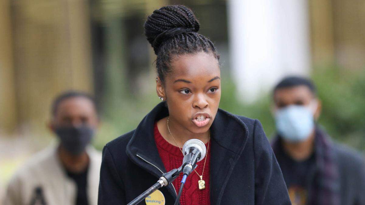 Caley Bright, the President of the USC Chapter of NAACP, speaks during a press conference outside The Thomas Cooper Library on the campus of the University of South Carolina. The students are pushing to change the names of several buildings on campus including The Thomas Cooper Library, the Strom Thurmond Health and Wellness Center, Sims Dormitory and the Wade Hampton Residence Hall.