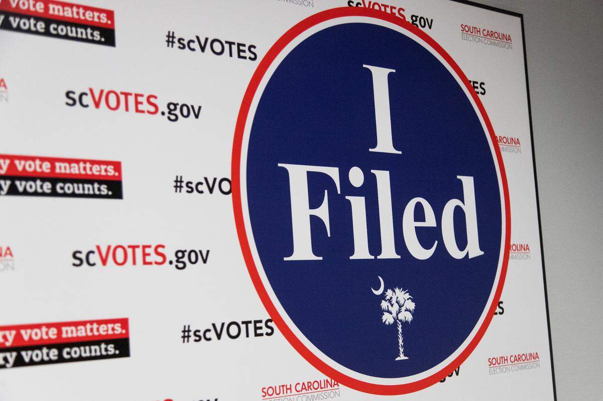 A sign for candidates to pose in front of at the South Carolina State Election Commission Office in Columbia, South Carolina on Wednesday March 23, 2022.