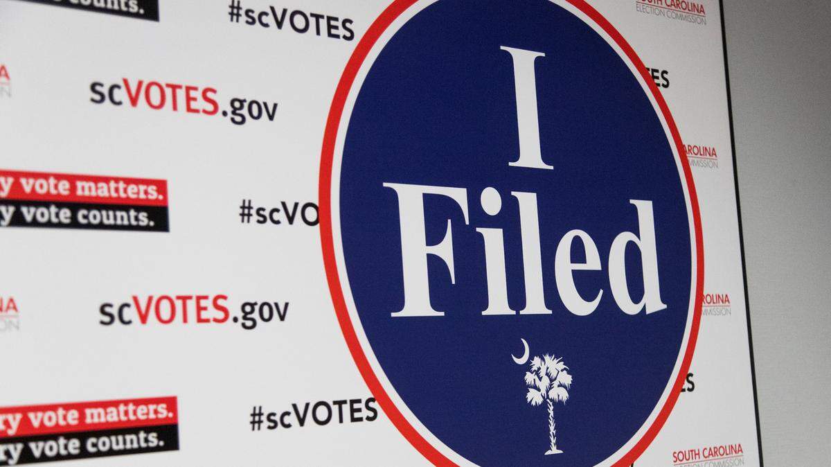 A sign for candidates to pose in front of at the South Carolina State Election Commission Office in Columbia, South Carolina on Wednesday March 23, 2022.