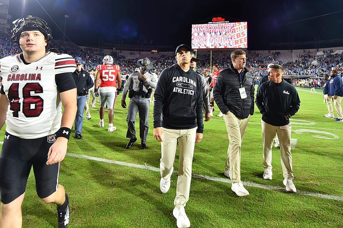 Shane Beamer of the South Carolina Gamecocks reacts after the game against the Mississippi Rebels at Vaught-Hemingway Stadium on November 01, 2025 in Oxford, Mississippi. 
