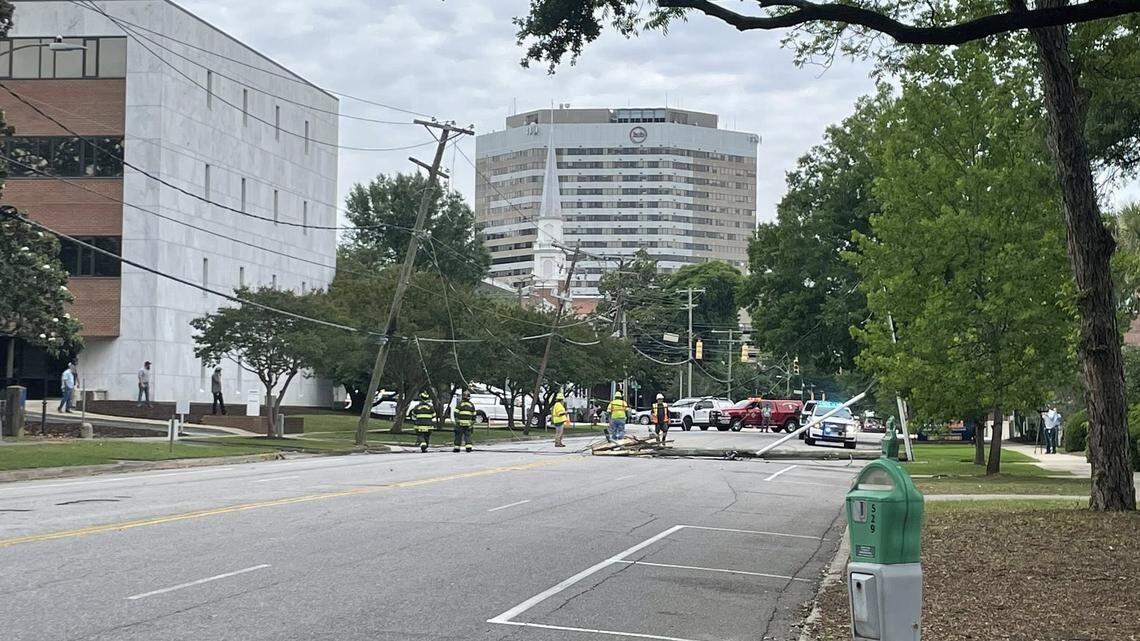 Vehicle crashing into utility pole causes fires and road closures in Columbia