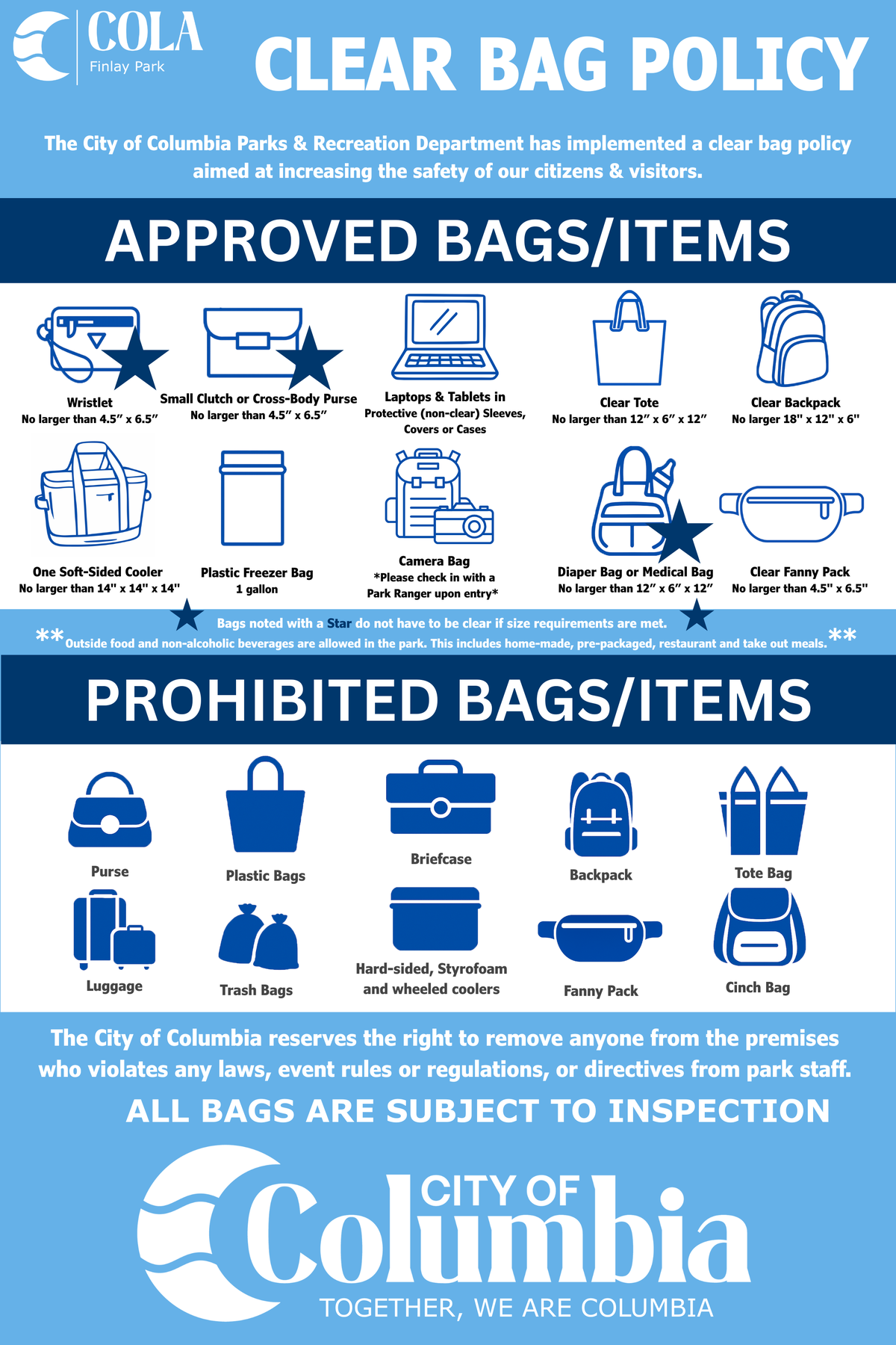 There will be a standing clear bag policy at Columbia’s newly renovated Finlay Park beginning Nov. 15, the park’s first day open in years. The clear bag policy will be for every day, not just during large events.