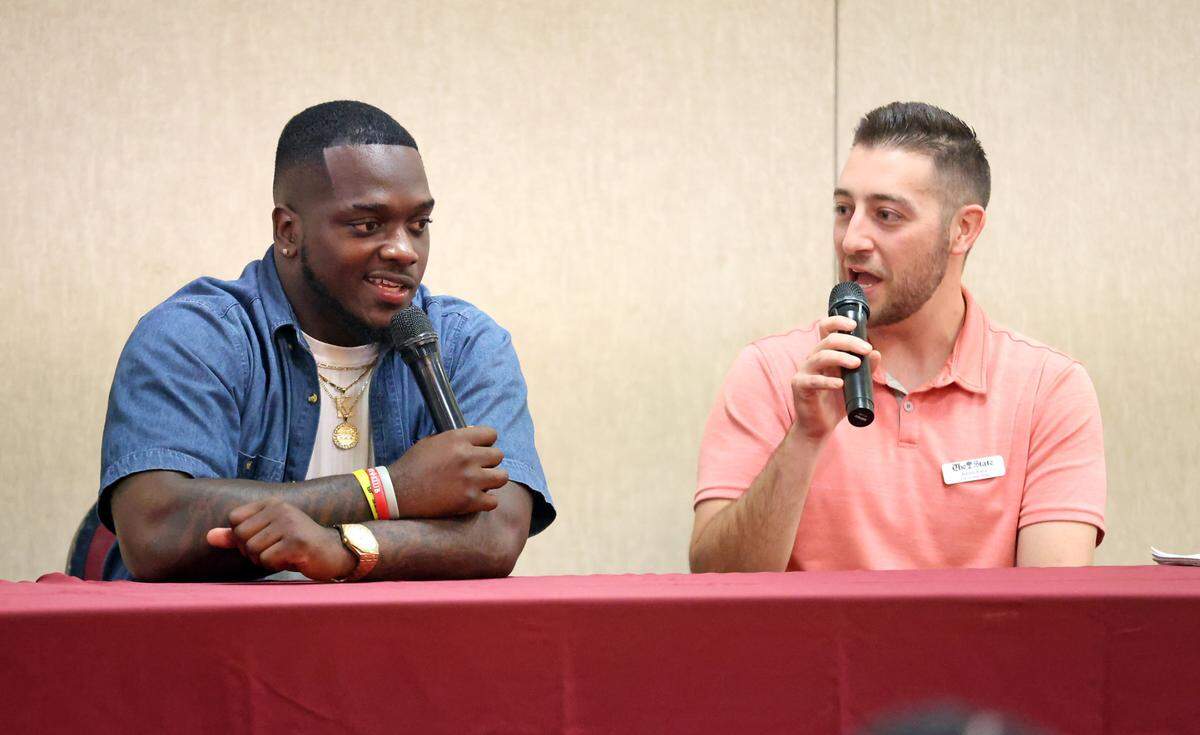 Former South Carolina football player Dakereon Joyner was the guest of honor at The State’s inaugural Gamecock Kickoff event at Seawell’s in Columbia, held Tuesday, Aug. 20, 2024. Joyner is seen here being interviewed by The State’s Jordan Kaye.