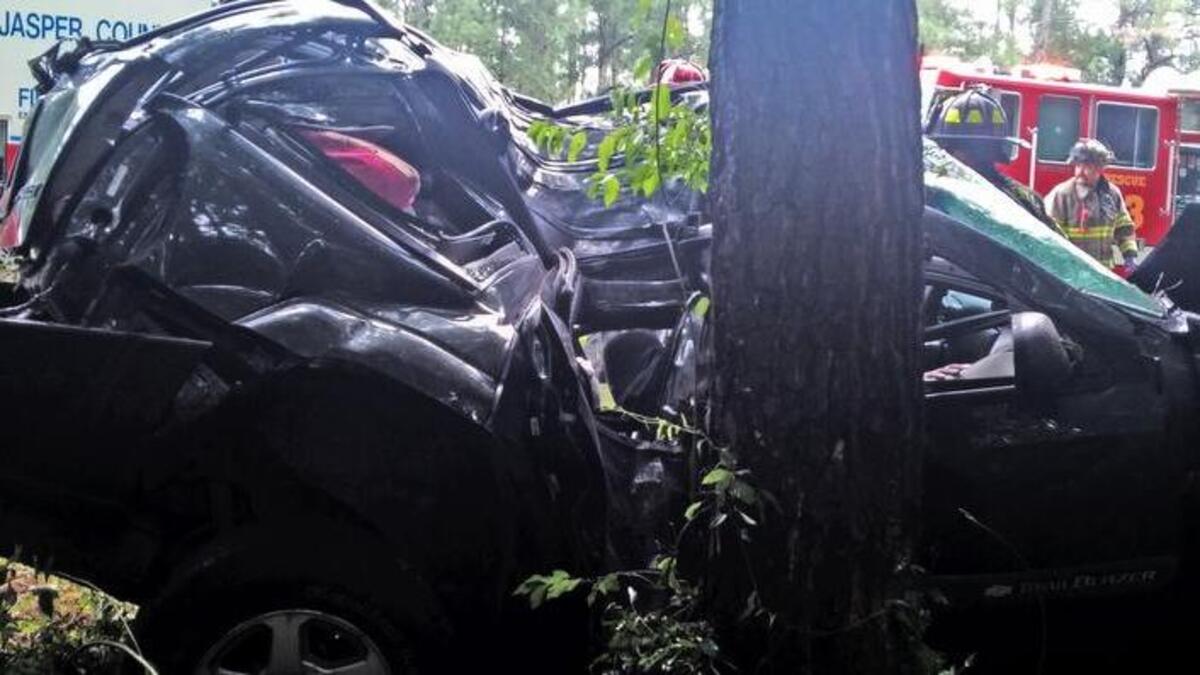 
An SUV following an earlier crash into a tree in the median of I-95 near Hardeeville.
