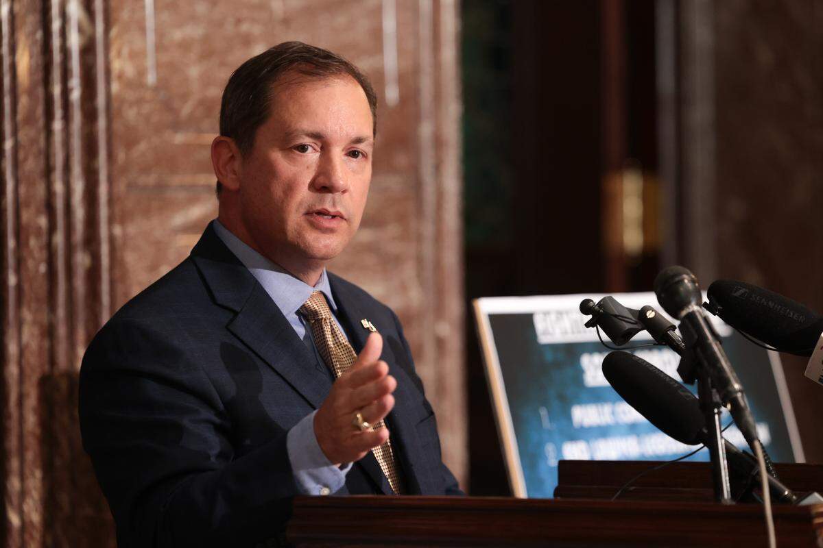 Solicitor David Pascoe describes what he will do to fight corruption if elected Attorney General in 2026, during a press conference at the South Carolina State House on Tuesday, August 19, 2025.