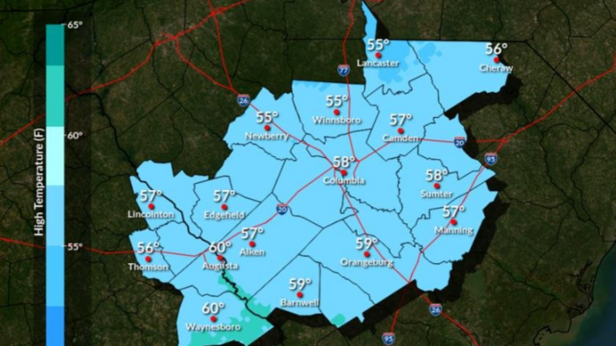 For Thanksgiving Day, temperatures will stay in the mid-50s to 60 degrees in Columbia.