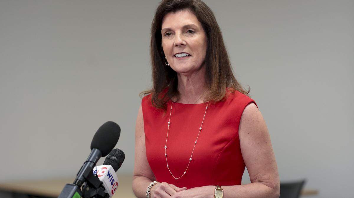 Lt. Gov. Pamela Evette speaks with the media after participating in a televised GOP debate at the Sottile Theater in Charleston on Tuesday, April 21, 2026. Evette is running for South Carolina governor.