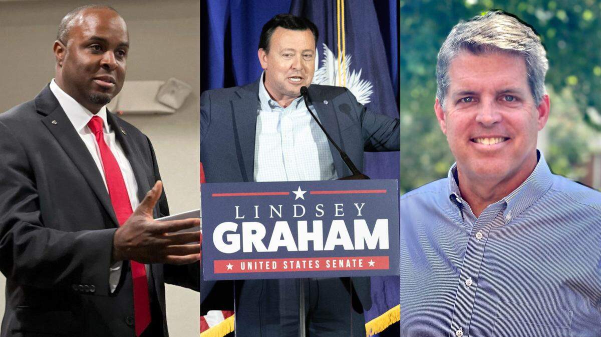 S.C. GOP Chairman Drew McKissick (center) is being challenged the Saturday, May 20, 2023, Republican Party State Convention by Zoe Warren (left) of Lexington County and Jeff Davis of Greenville County.