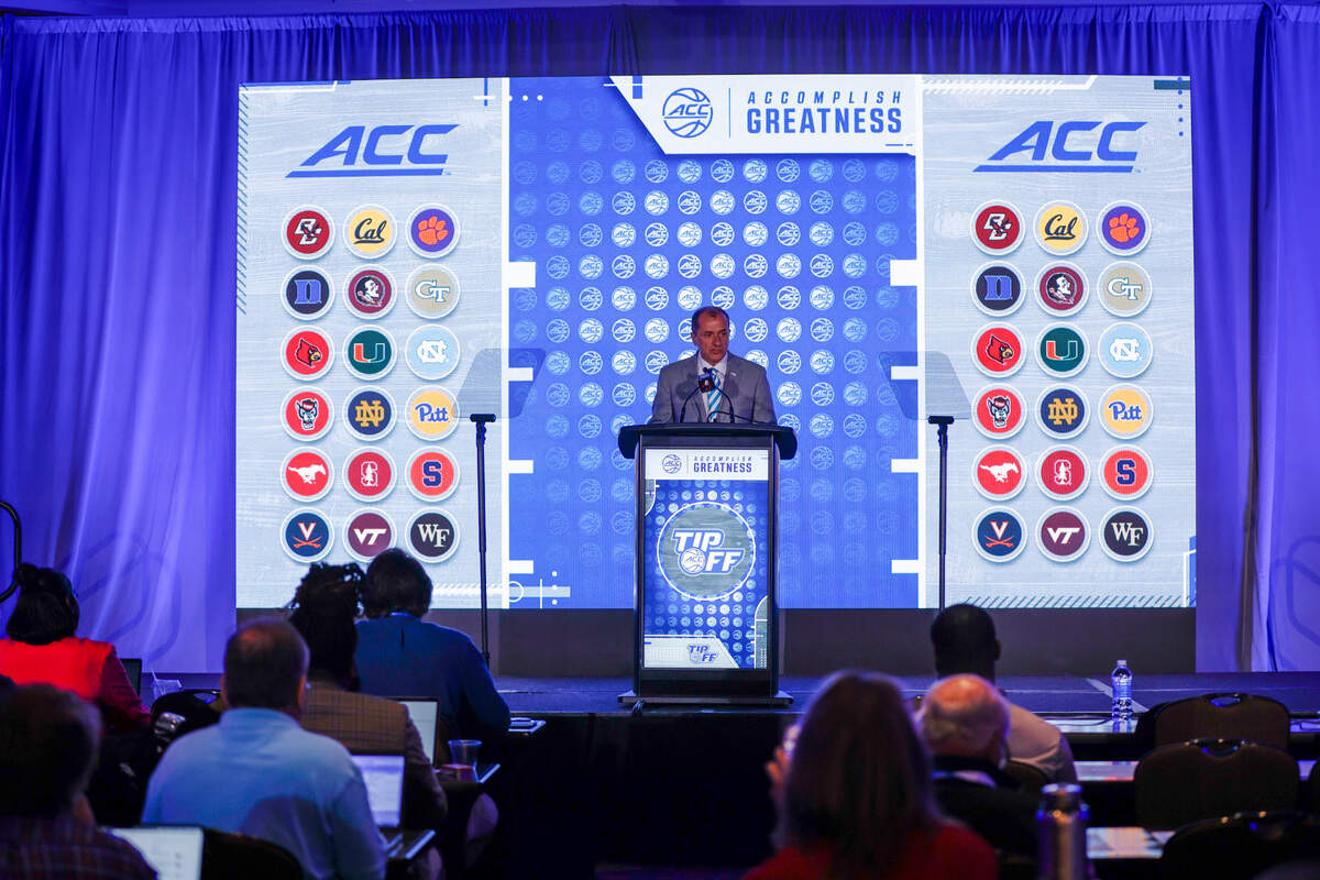 ACC commissioner Jim Phillips speaks to the media at the 2024 ACC Tipoff in Charlotte, N.C., Wednesday, Oct. 9, 2024.