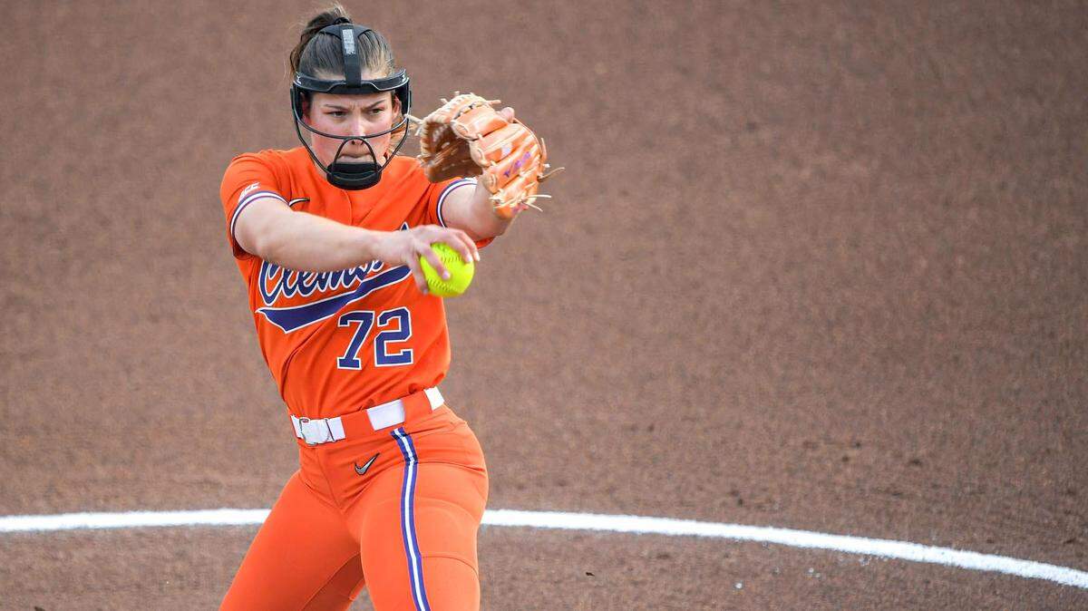 Clemson junior Valerie Cagle (72) pitches to Pittsburgh during an April game.