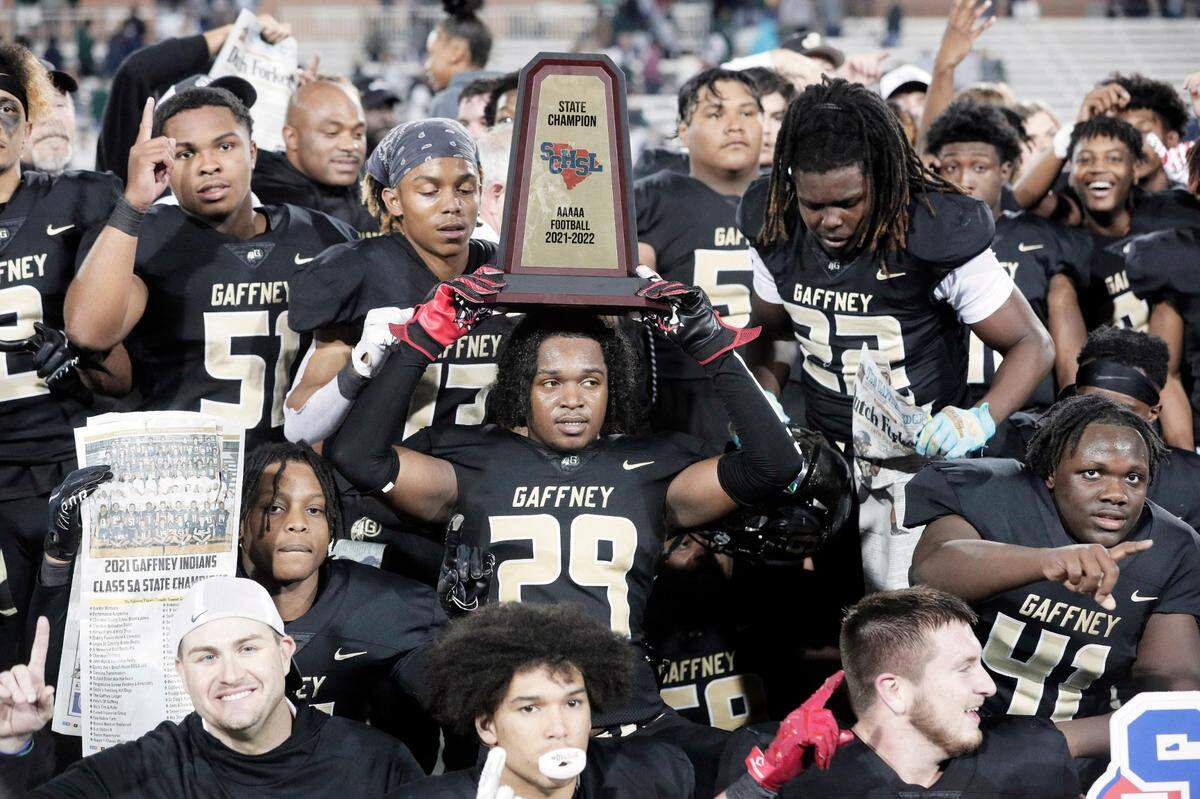 Gaffney celebrates beating Dutch Fork at Benedict College on Saturday, December 4, 2021.