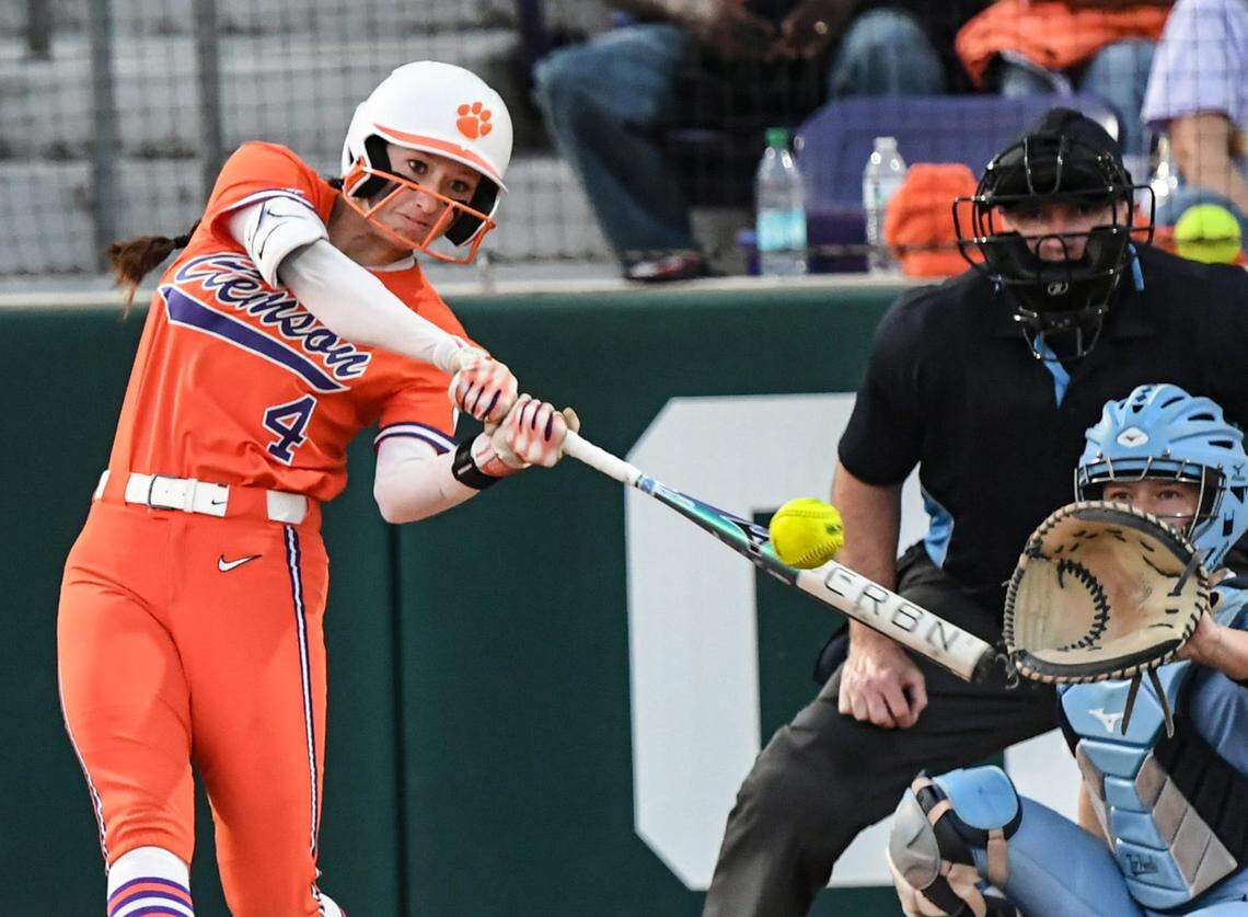Clemson senior Aby Vieira (4) bats against University of North Carolina during the bottom of the fourth inning at McWhorter Stadium in Clemson Friday, March 14, 2025.