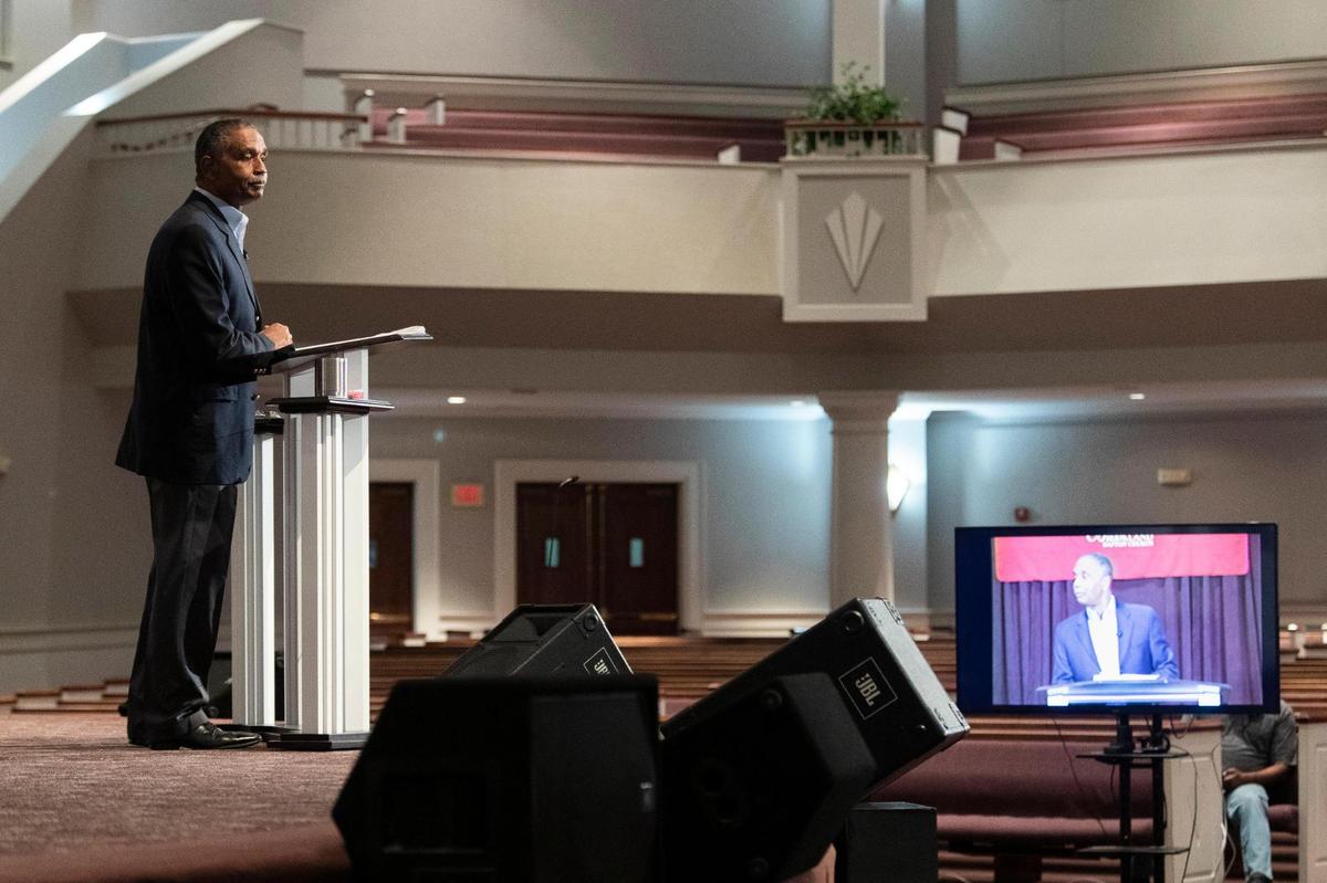 Reverend Charles Jackson leads a live-streamed Bible study at Brookland Baptist Church in West Columbia, South Carolina on Wednesday, February 24, 2021. Jackson has lead the church for 50 years.