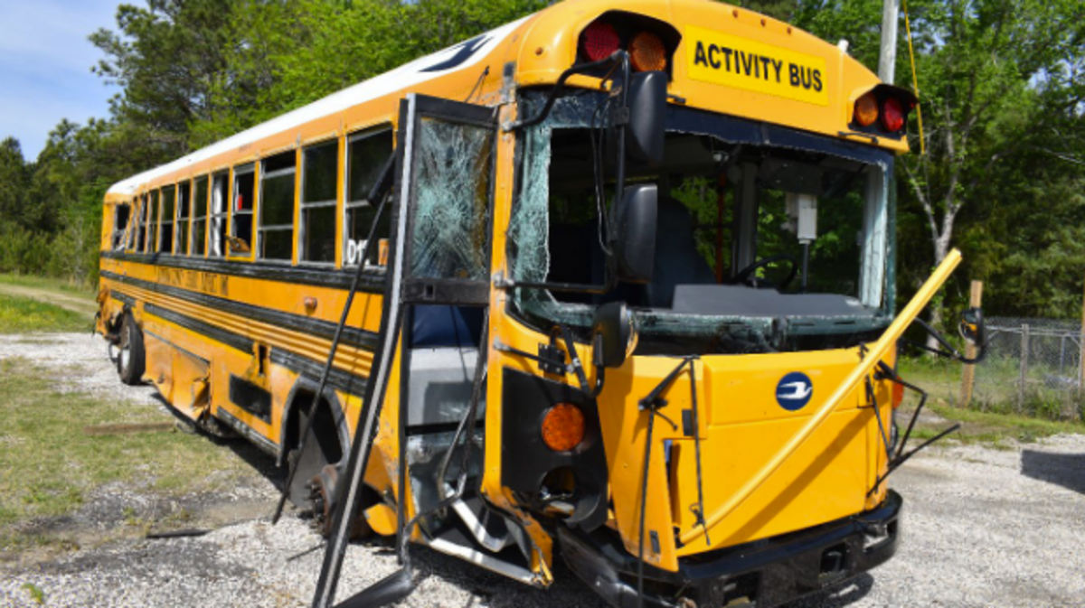 The Lexington 2 school bus that crashed April 17, 2025 after a tire blew out, included in the S.C. Highway Patrol’s investigation report.