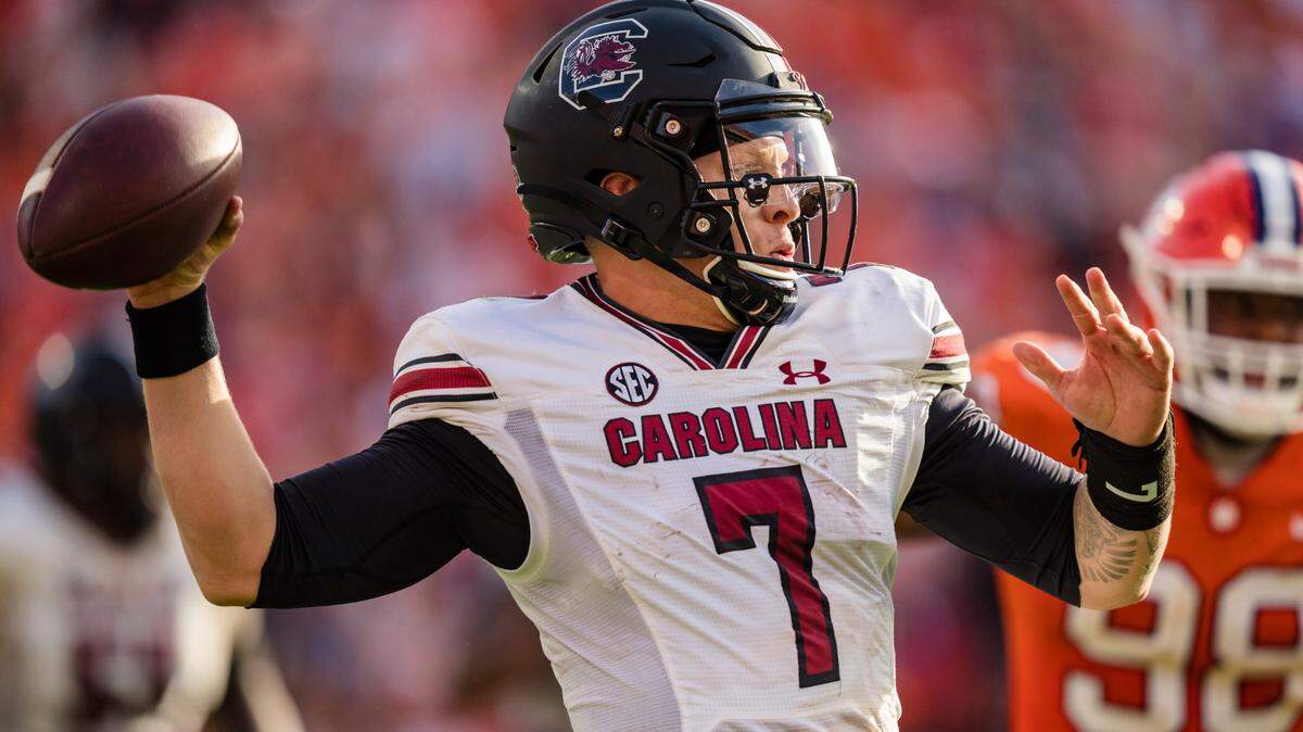 South Carolina quarterback Spencer Rattler (7) drops back to pass in the second half of an NCAA college football game against Clemson on Saturday, Nov. 26, 2022, in Clemson, S.C.