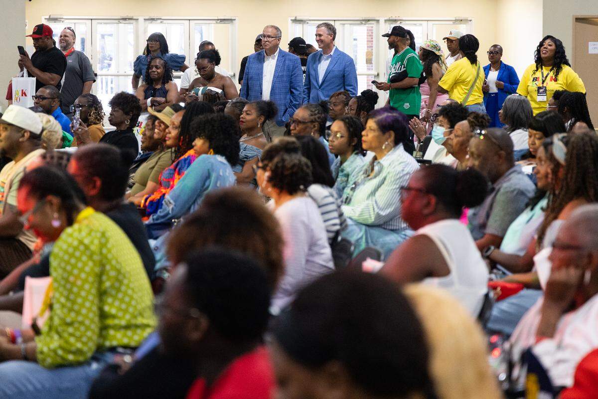 Fans listen to South Carolina women’s basketball coach Dawn Staley during the Columbia Black Expo at the South Carolina State Fairgrounds on Saturday, May 16, 2026.