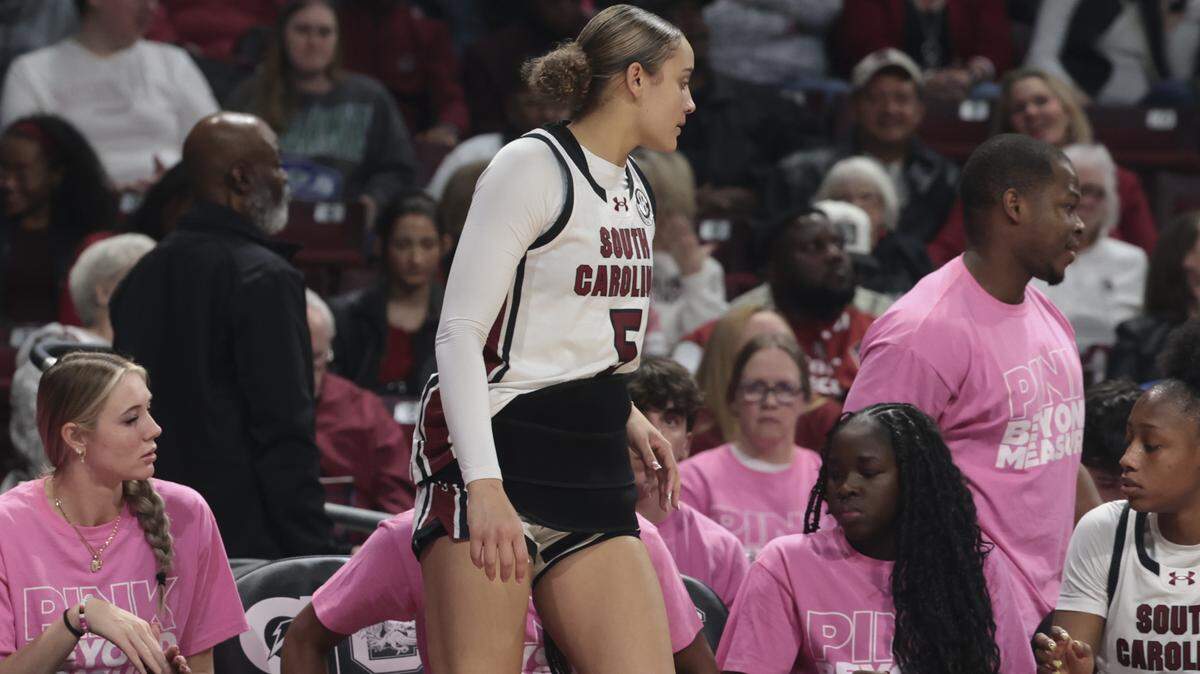 South Carolina's Tessa Johnson (5) wears a medical devise on her left side during the second half of action of their women's basketball game against Ole Miss at Colonial Life Arena on Thursday, Feb. 5, 2026.
