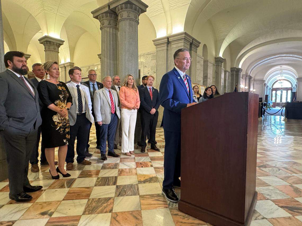State Rep. John McCravy, R-Greenwood, speaks at a news conference on Wednesday, May 7, 2025 with Students for Life calling for a vote on the Human Life Protection Act at the South Carolina State House.