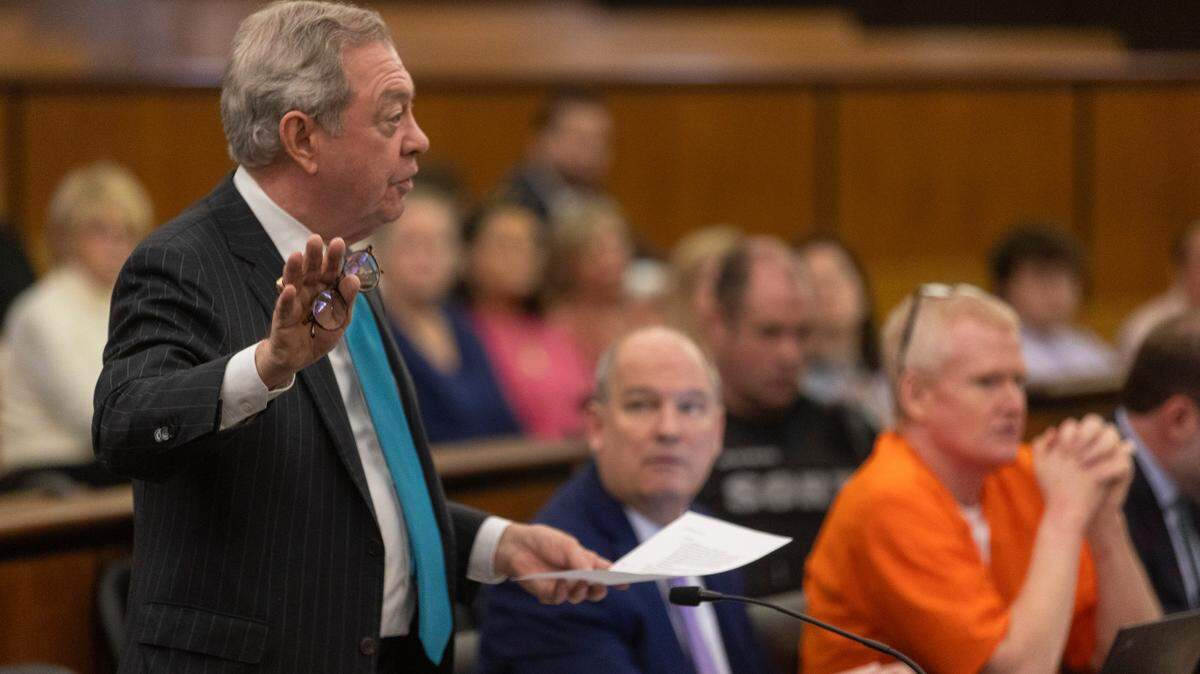 Defense attorney Dick Harpootlian, alongside Jim Griffin and Alex Murdaugh, addresses judge Jean Toal during a jury-tampering hearing at the Richland County Judicial Center on Monday, January 29, 2024 in Columbia, South Carolina. The hearing allegations against Colleton County Clerk of Court Rebecca “Becky” Hill ruled by former S.C. Chief Justice Jean Toal.