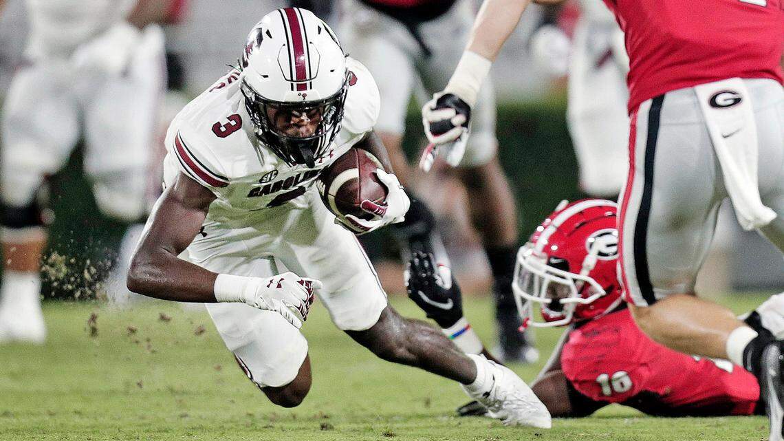 South Carolina Gamecocks receiver Jalen Brooks (3) makes a catch against Georgia at Sanford Stadium on Saturday, September 18, 2021.