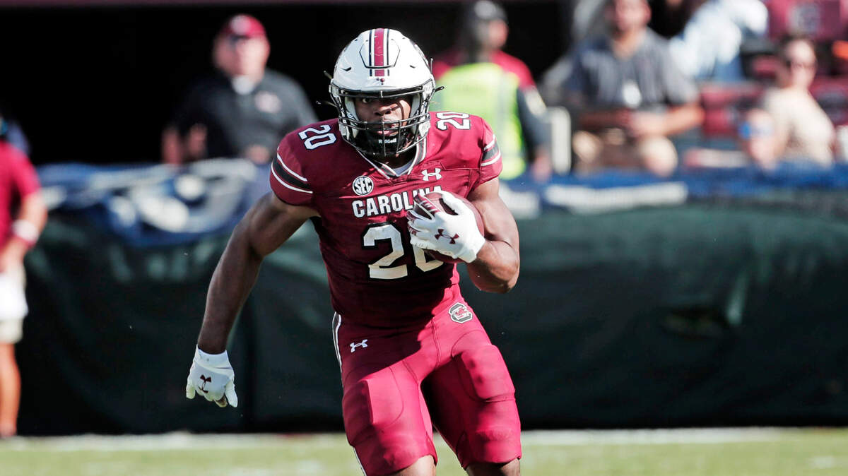 South Carolina Gamecocks running back Kevin Harris (20) runs the ball during the game against Troy at Williams-Brice Stadium on Saturday, October 2, 2021.