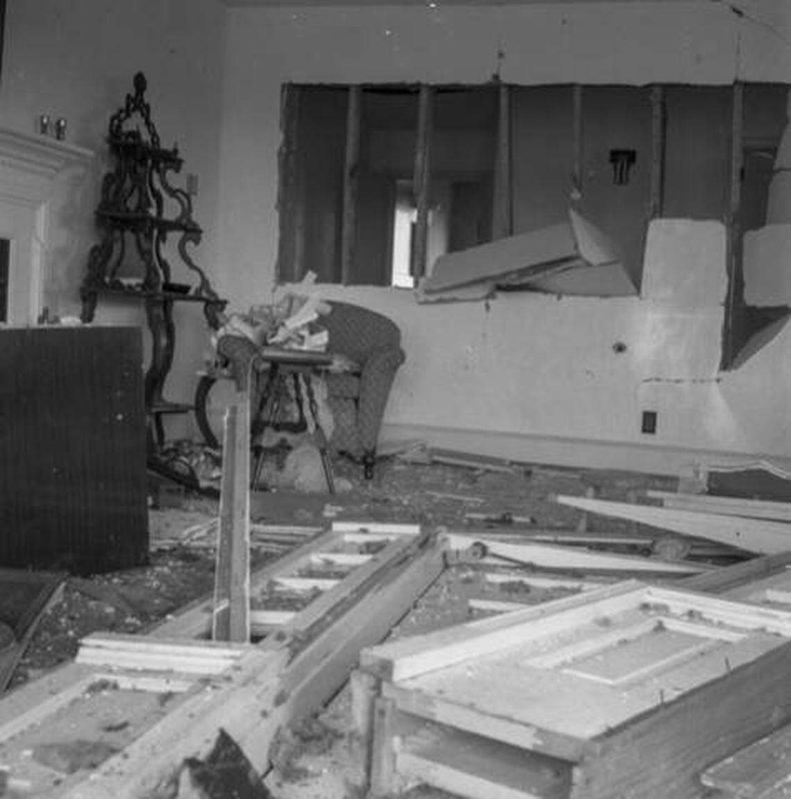 The damage to the Gregg family home after a nuclear bomb was accidentally dropped on their property.