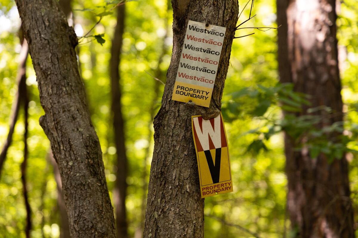 A sign warning people of the property line for Westvaco near the Ashely Oaks Phase I development, which is now owned by Scout Motors starts on Wednesday, June 14, 2023.