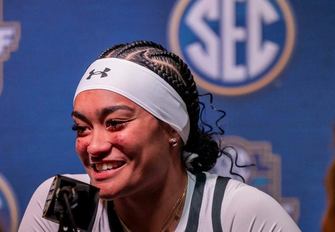Oct 19, 2023; Birmingham, AL, USA; South Carolina Gamecocks guard Te-Hina Paopao talks with the media during the SEC Basketball Tipoff at Grand Bohemian Hotel Mountain Brook. Mandatory Credit: Vasha Hunt-USA TODAY Sports