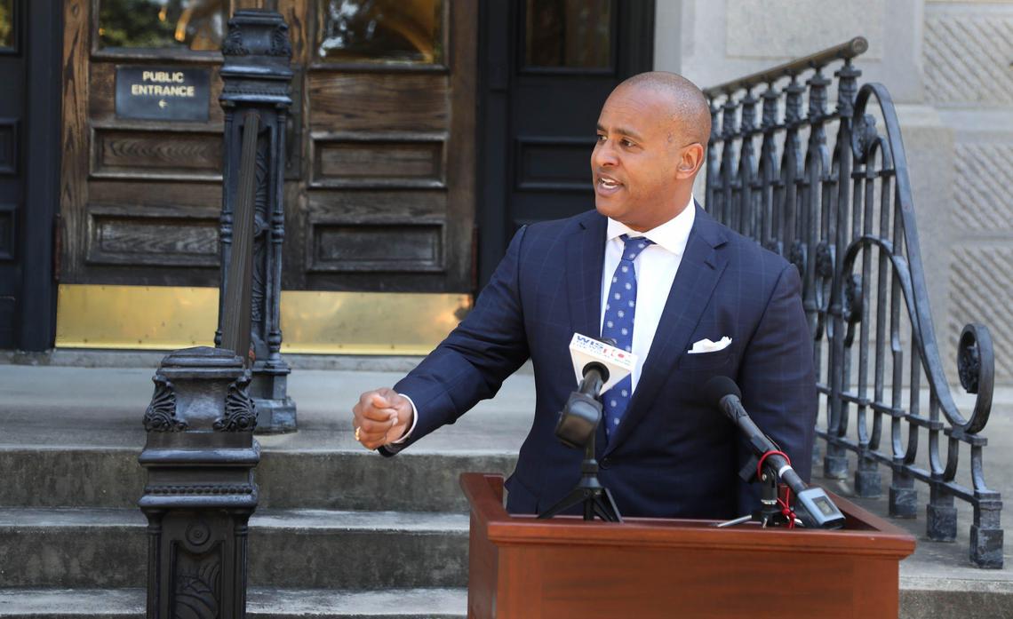 State Rep. Todd Rutherford addresses the media during a press conference at the South Carolina State House on April 27, 2020.