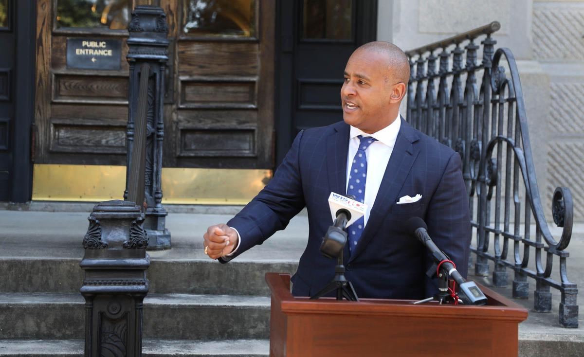 State Rep. Todd Rutherford addresses the media during a press conference at the South Carolina State House on April 27, 2020.
