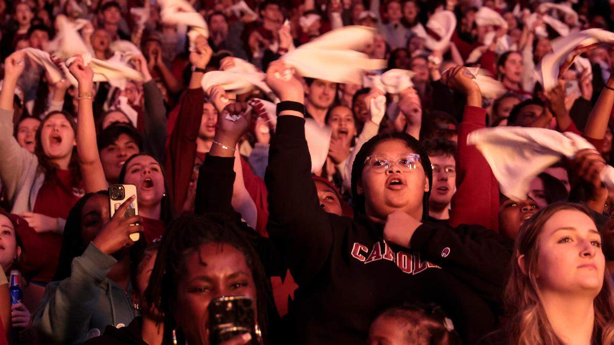 Gamecock fans celebrate as the Gamecocks play LSU in the Colonial Life Arena on Friday, Jan. 24, 2025.