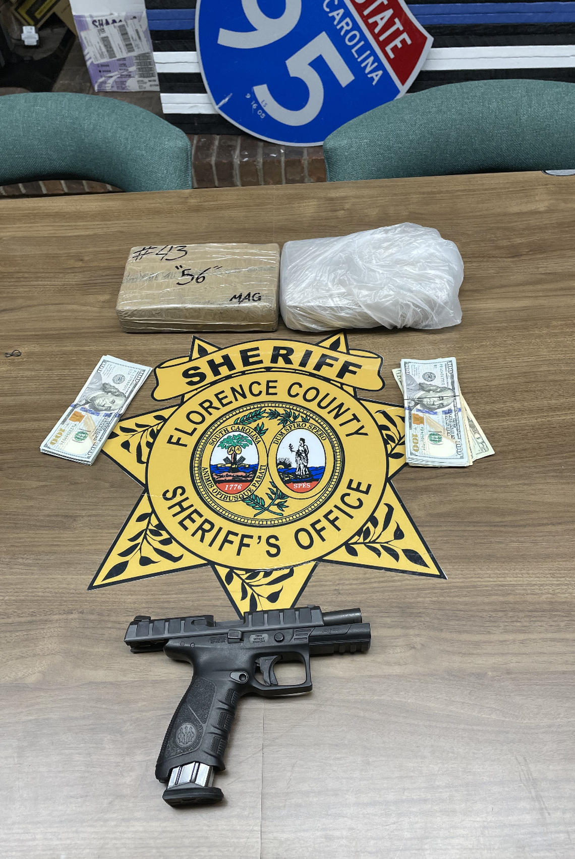 The Florence County Sheriff’s Office shows confiscated items from a traffic stop.