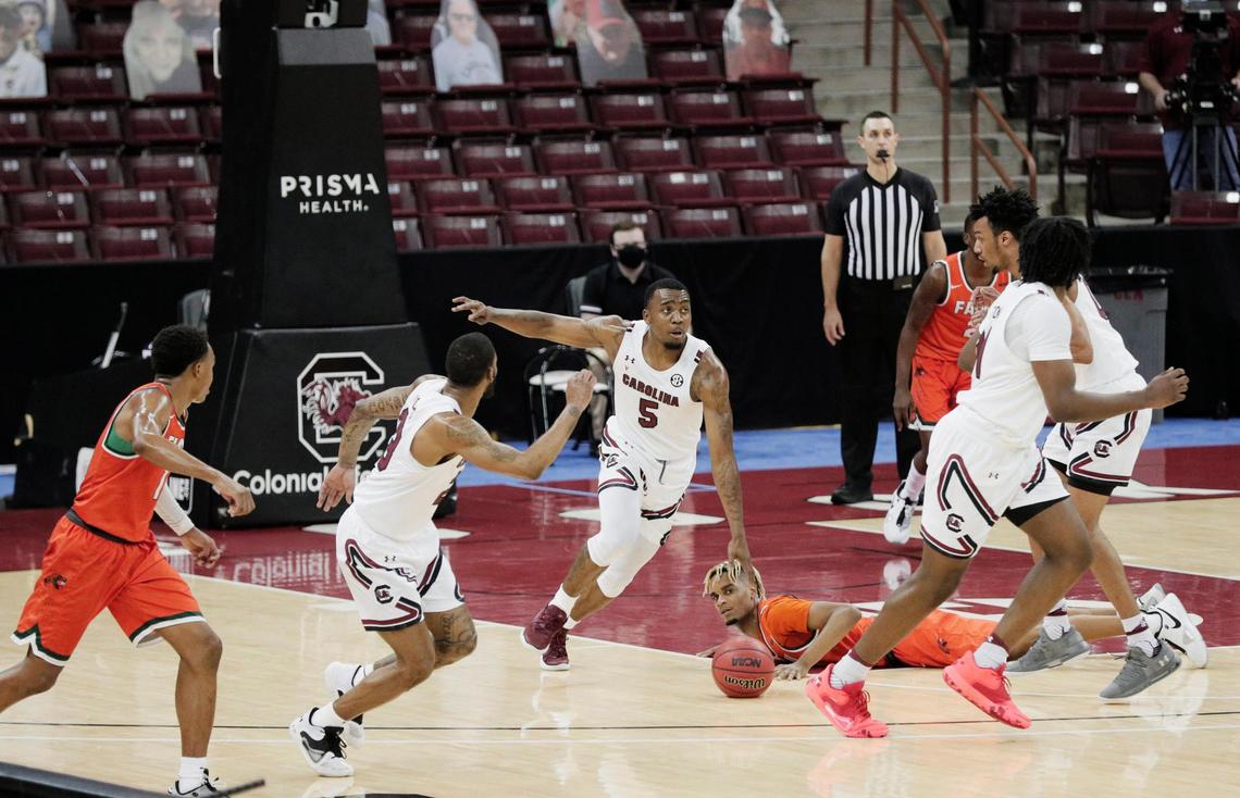 South Carolina Gamecocks guard Jermaine Couisnard (5) attempts a buzzerbeater against Florida A&M at Colonial Life Arena on January 2, 2021.