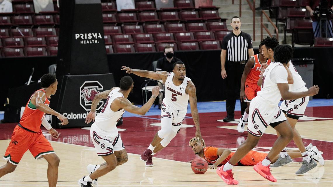 South Carolina Gamecocks guard Jermaine Couisnard (5) attempts a buzzerbeater against Florida A&M at Colonial Life Arena on January 2, 2021.