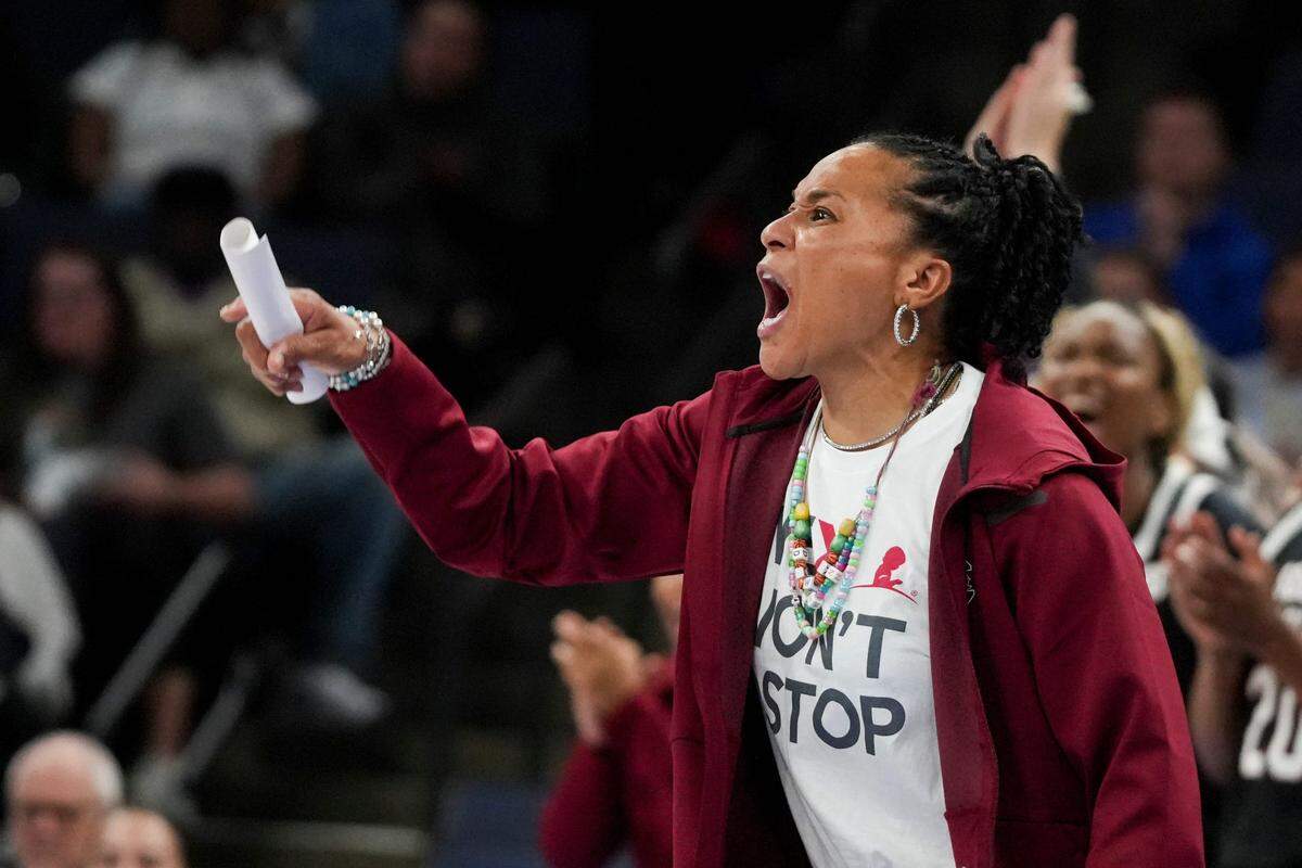 South Carolina’s head coach Dawn Staley reacts during the game between South Carolina and Memphis in the Hoops for St. Jude Tip Off Classic at FedExForum on Tuesday, October 15, 2024.