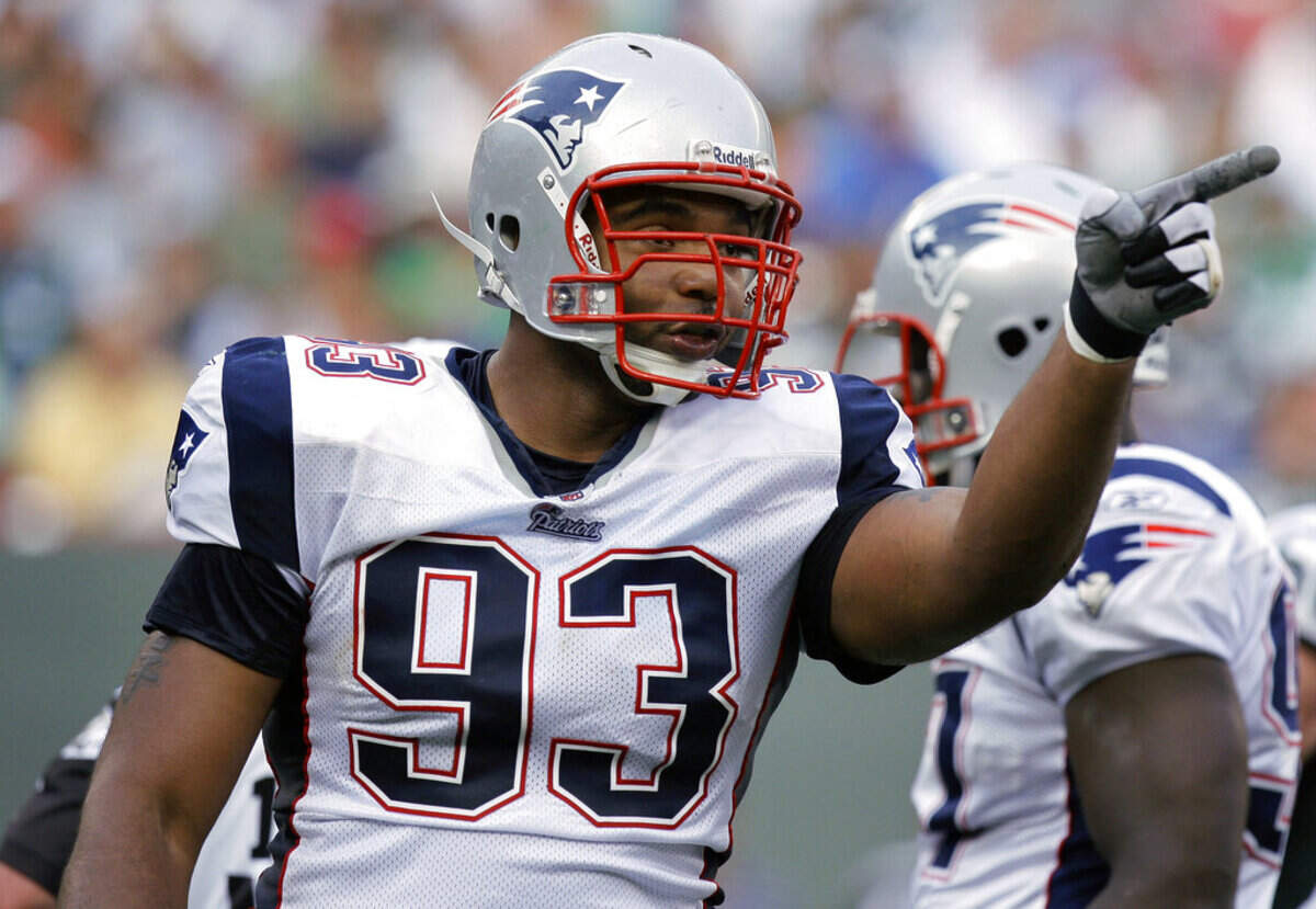 FILE -New England Patriots’ Richard Seymour reacts after sacking New York Jets quarterback Brett Favre during the second quarter in an NFL football game Sunday, Sept. 14, 2008, in East Rutherford, N.J. Seymour is a finalist for the Pro Football Hall of Fame’s class of 2022.