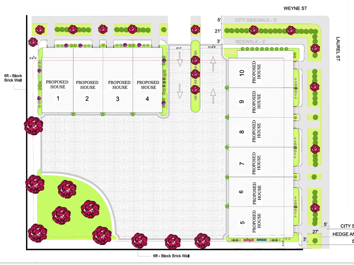 A landscaping plan shows an outline for 10 new town houses planned at the corner of Laurel and Wayne streets.