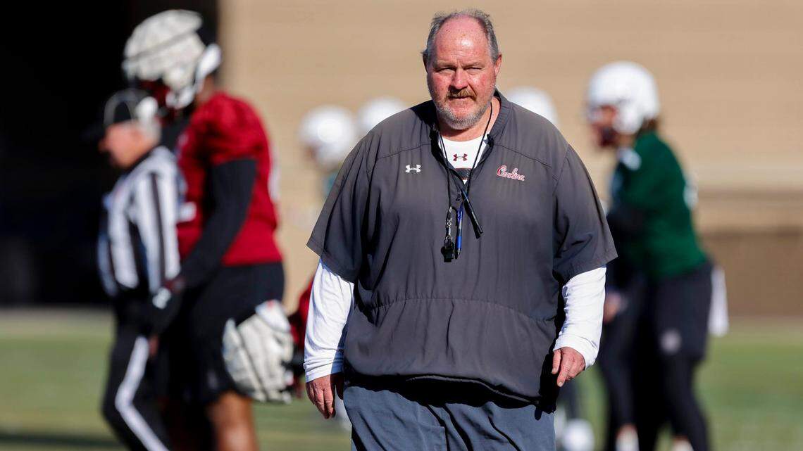 South Carolina offensive line coach Greg Adkins during spring football practice.